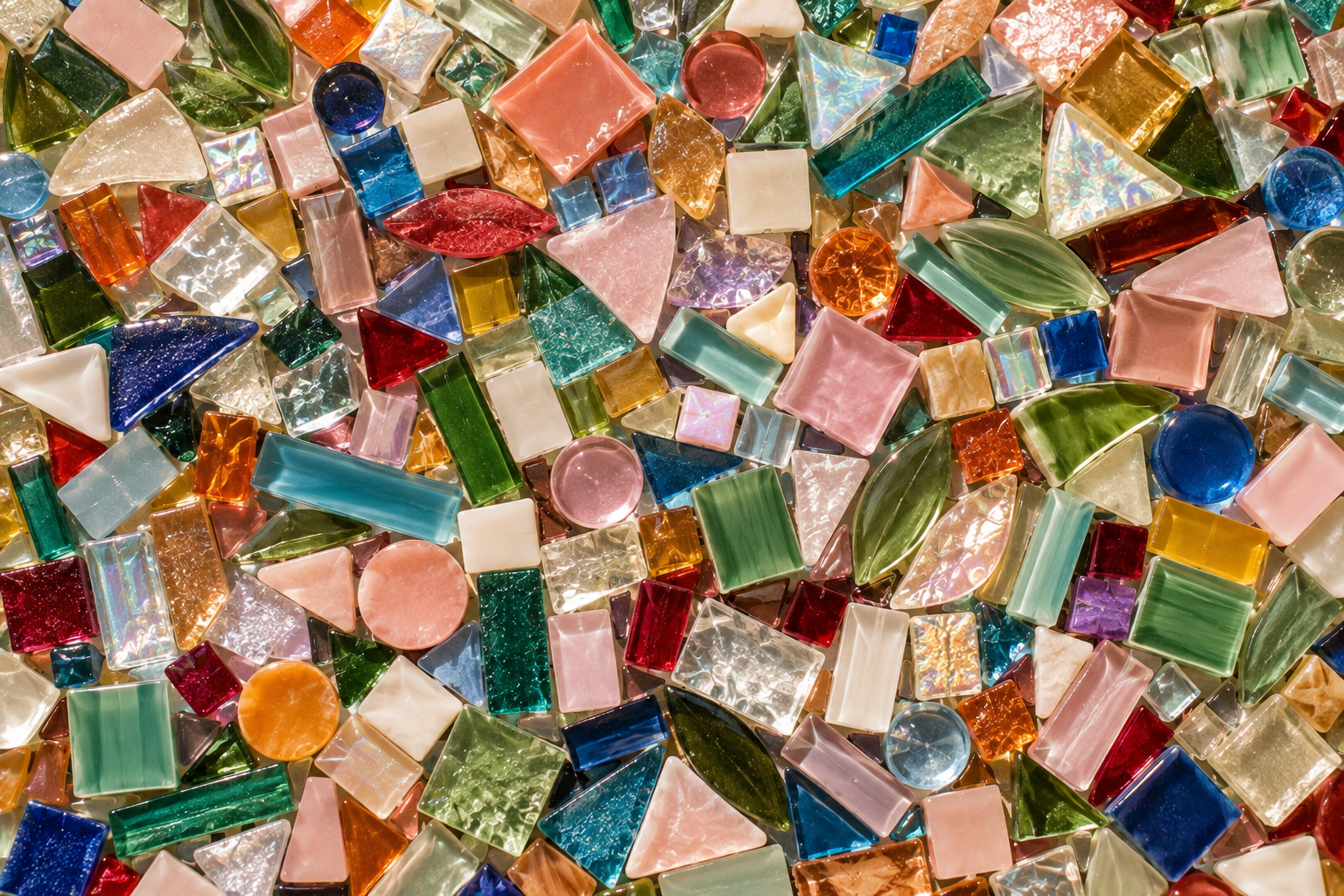 Close-up of colorful glass mosaic tiles.