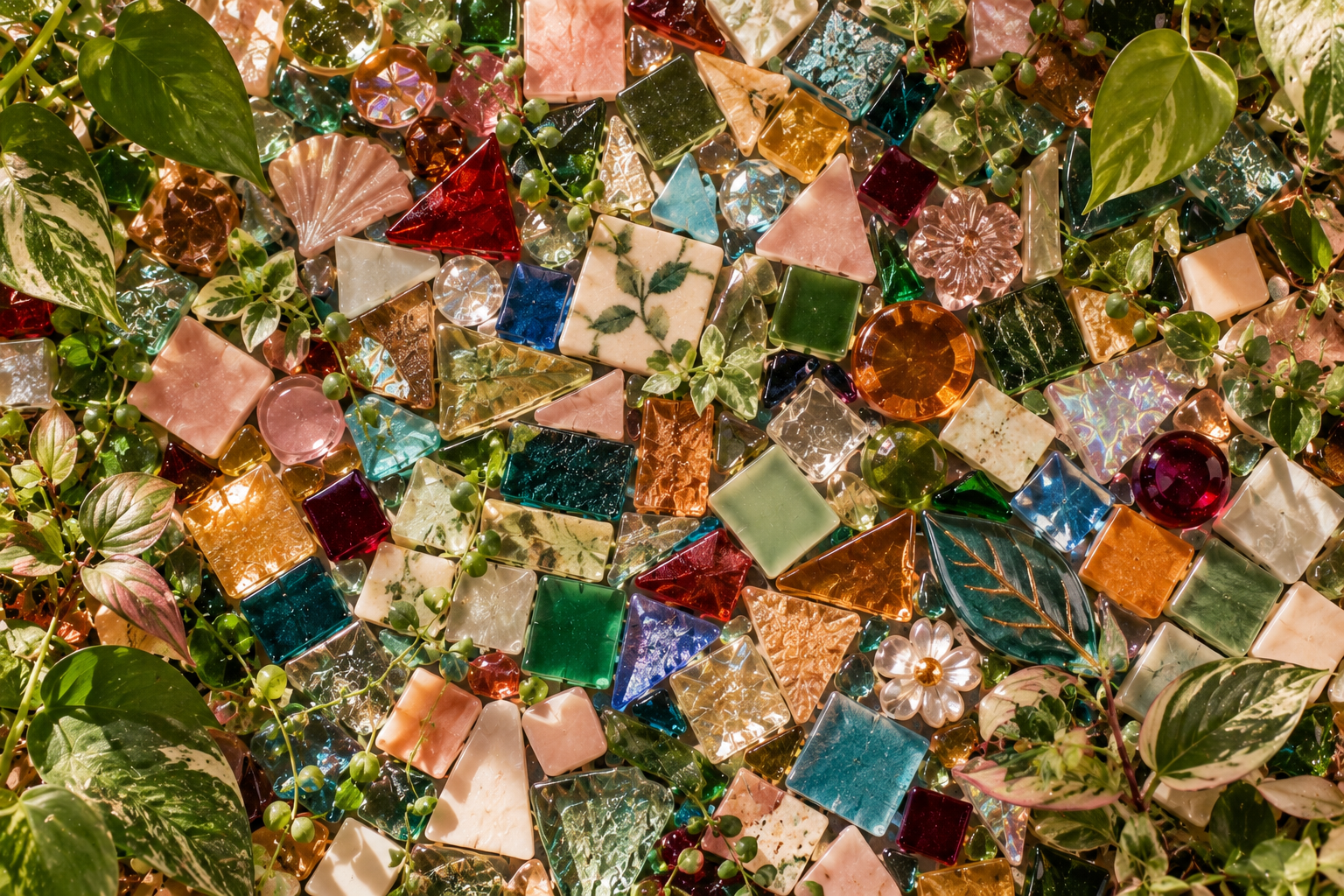 Colorful glass mosaic pieces surrounded by lush greenery.